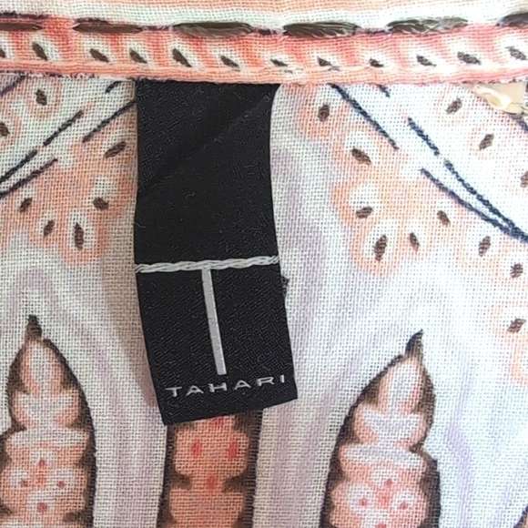 Tahari 100% Cotton Peach Patterned Long Sleeve Collarless Blouse Size Large - Picture 2 of 4